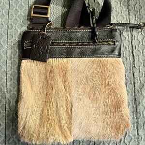 Diane Gail Fur Front Crossbody‎ Bag in Light Brown with Dark Brown Leather Trim